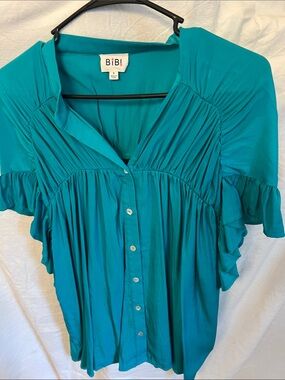 BiBi Teal Button-Front Ruffle Sleeve Blouse